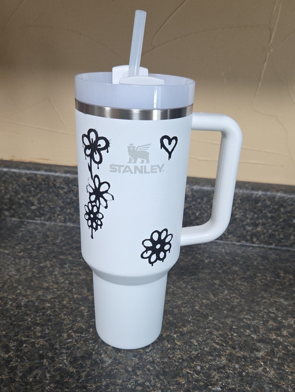 Stanley White Travel Tumbler with Handle and Floral Design